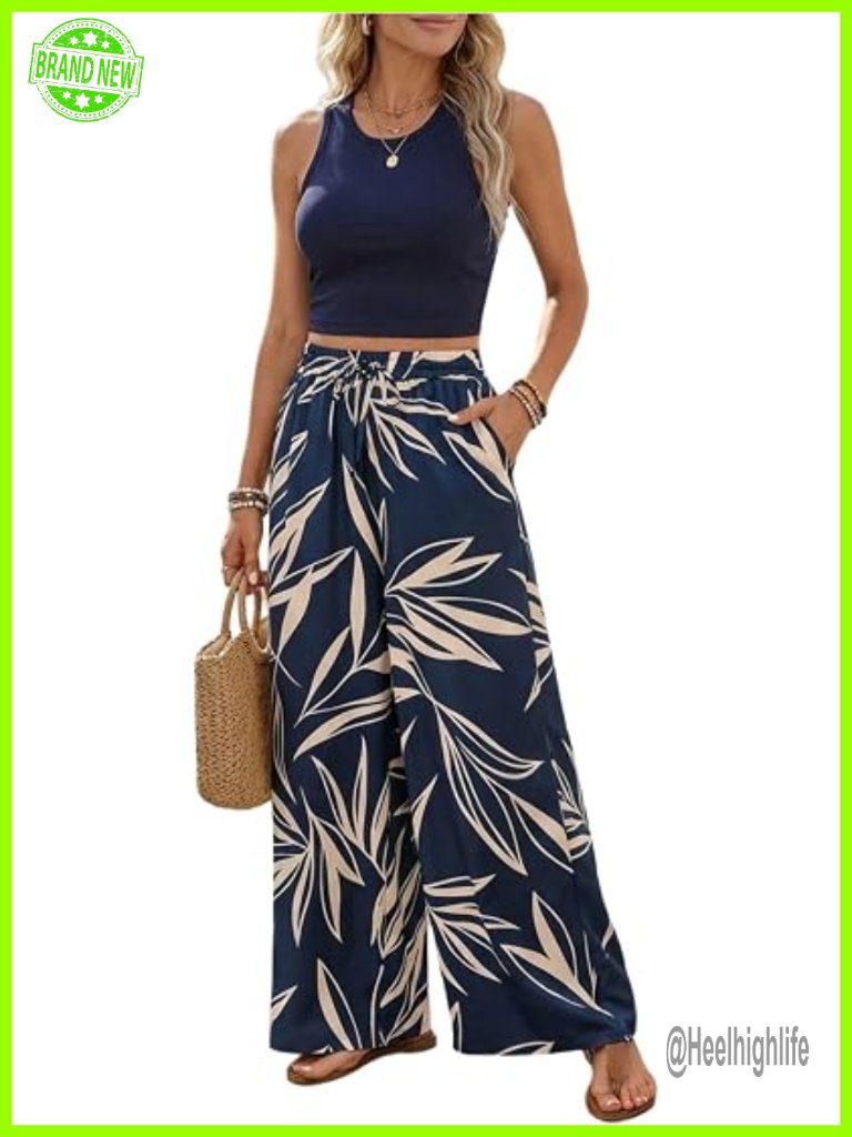 2 Piece Sleeveless Crop Tank Top And Wide Leg Palazzo Pants Set With Pockets